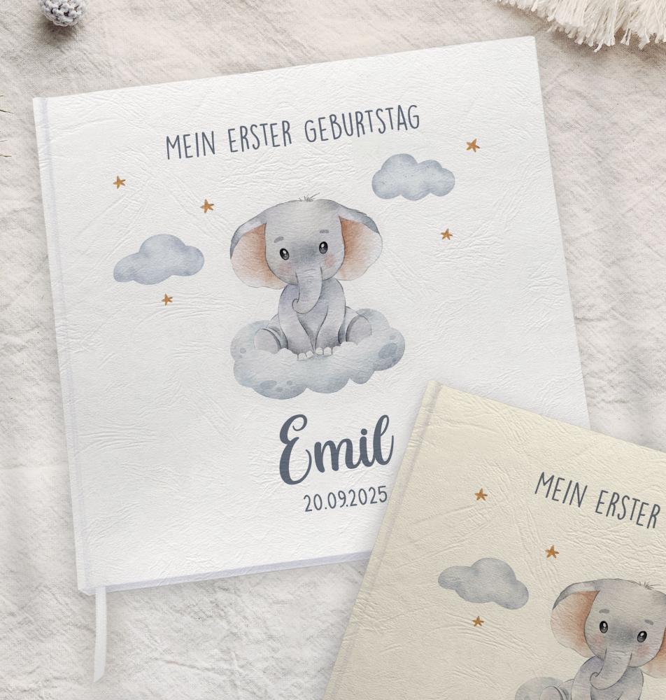 Preview: Gästebuch "Kleiner Elefant" Preview: Cover mit Namen in reinem Weiß oder nostalgischem Creme