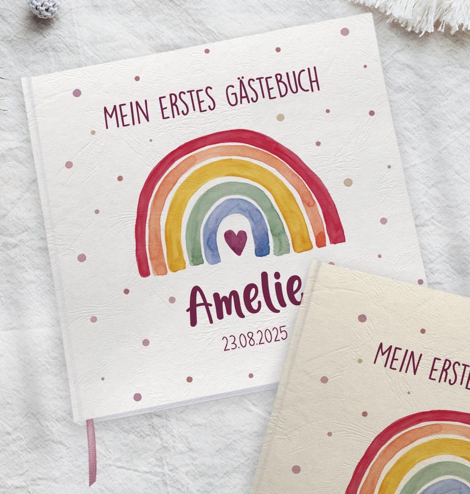 Preview: Gästebuch "Regenbogen Bunt Beere" Preview: Hardcover mit feinem Struktureinband in strahlendem Weiß oder nostalgischem Creme