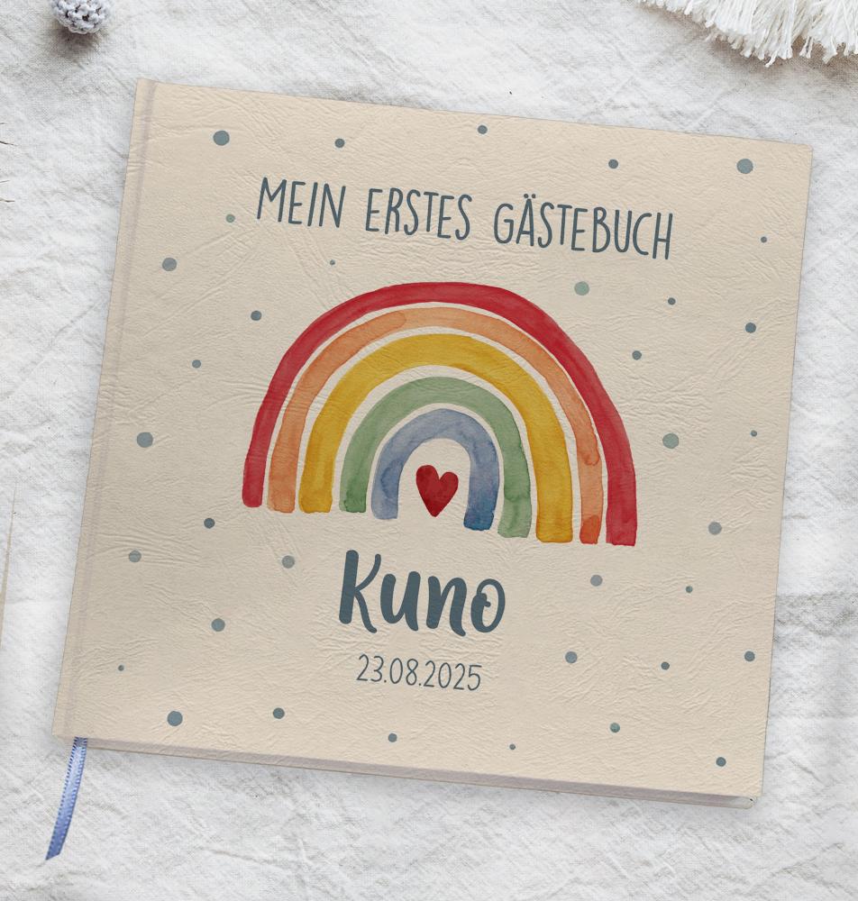Preview: Gästebuch "Regenbogen bunt blau" Preview: robust, individuell und mit viel Liebe zum Detail gefertigt