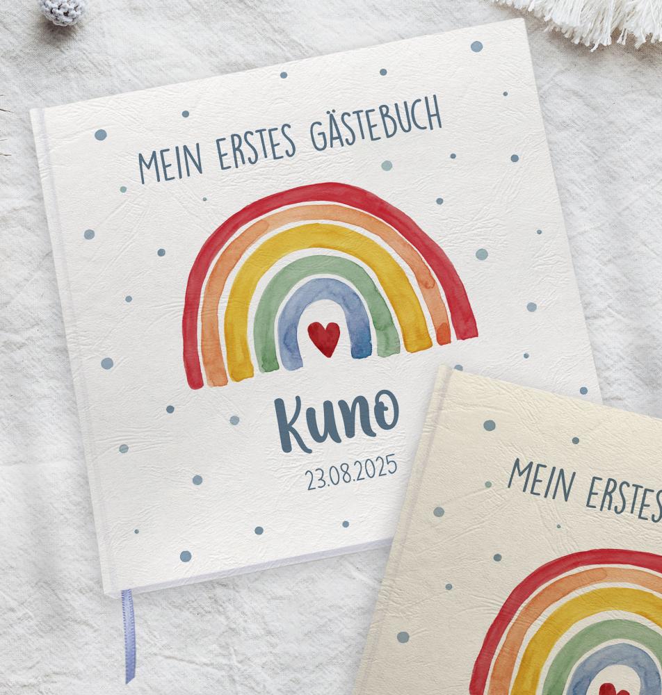 Preview: Gästebuch "Regenbogen bunt blau" Preview: Hardcover mit feinem Struktureinband in strahlendem Weiß oder nostalgischem Creme