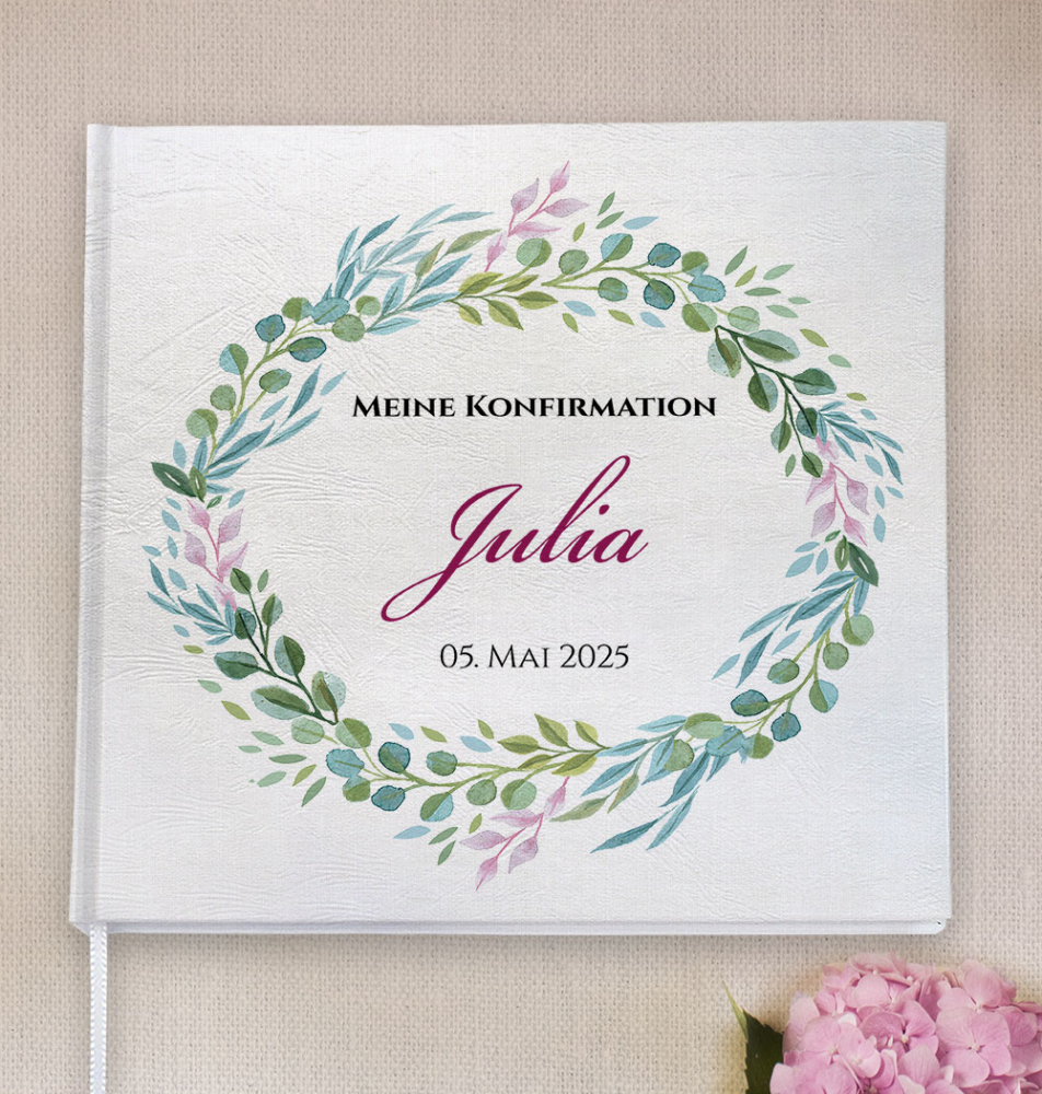 Gästebuch zur Konfirmation mit botanischem Kranz in Aquarell mit Blättern in Dunkelgrün, Salbei und Rosé