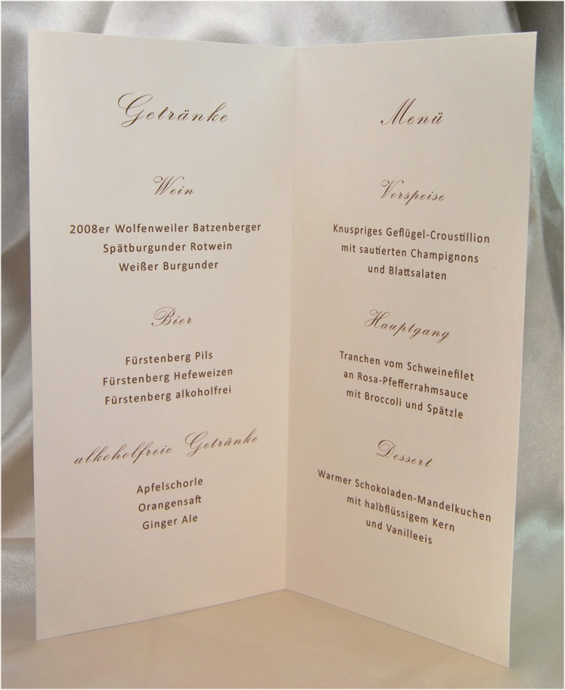 Menükarte zur Hochzeit in Creme und Brauntönen