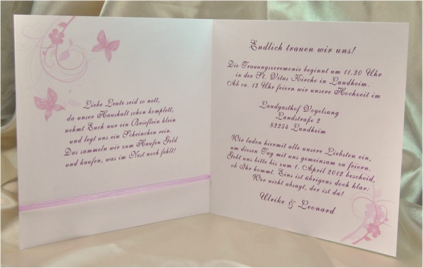 Ihr persönlicher einladungstext im Inneren der Hochzeitseinladung
